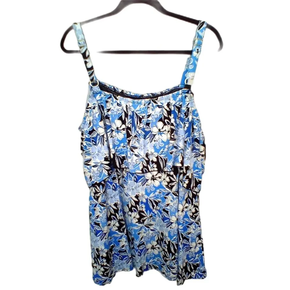 Fit 4 U  Women's Bathing Suit Swimdress Size 20W Tiered Floral Blue Black